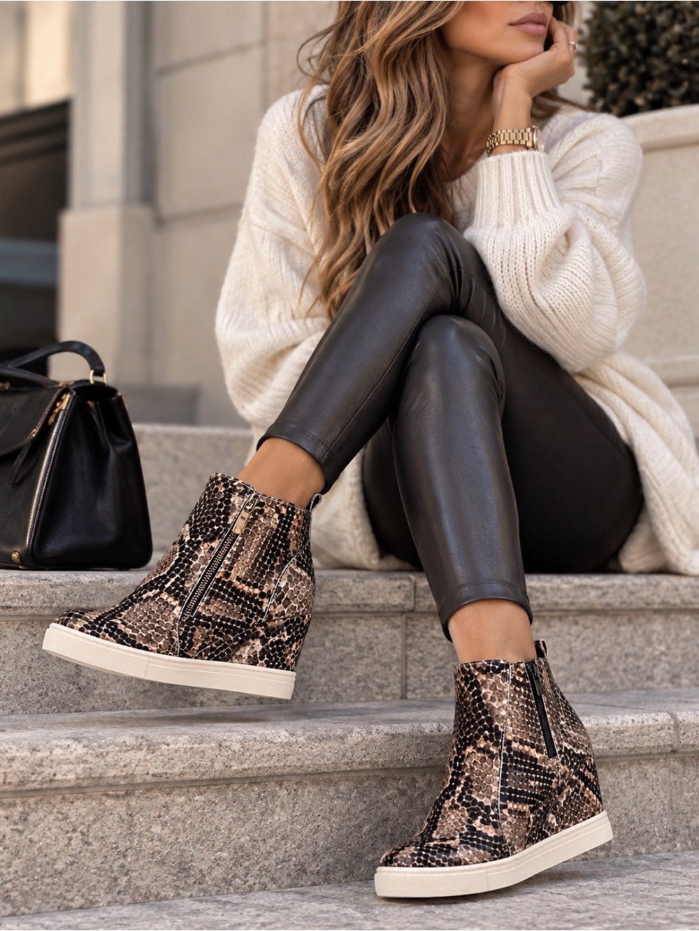 Linea Paolo Genuine Leather Snake Print Wedge Ankle Sneakers Booties 5 NIB!!